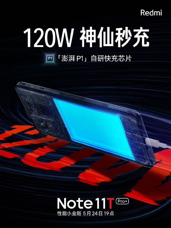 Redmi Note 11T Pro + 搭載澎湃 P1：支持 120W 秒充